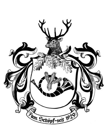 Ein schwarz-weißes Wappen mit Hirschkopf, Jagdhorn und ornamentalen Verzierungen.