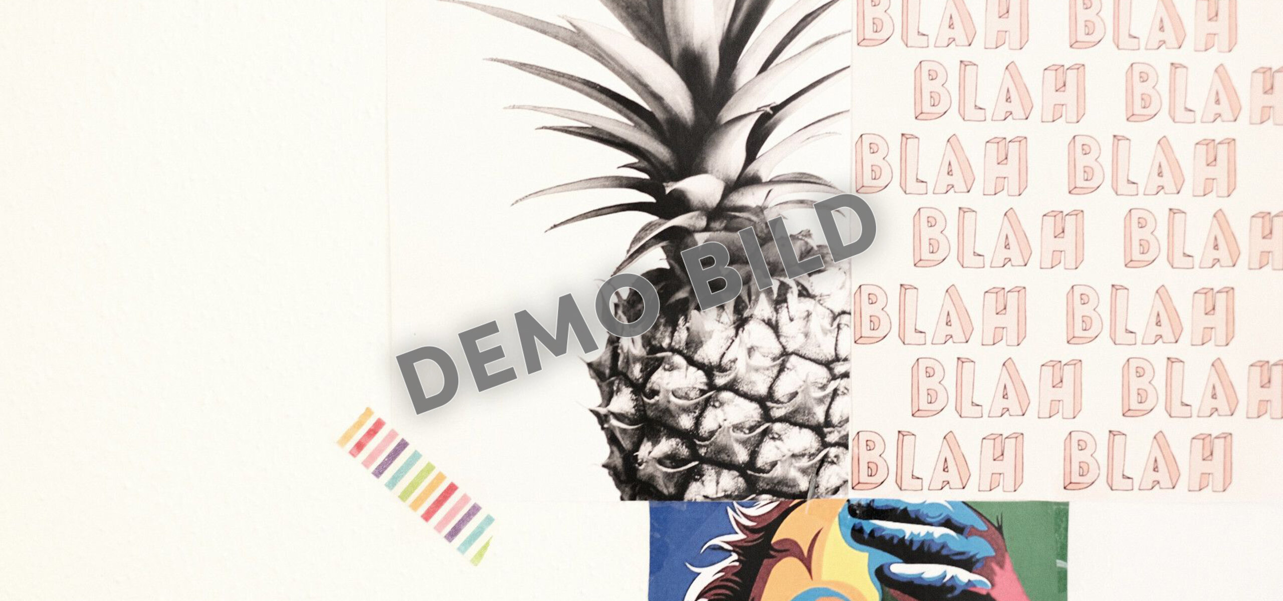 Eine abstrakte Wandcollage mit Ananasmotiv, Blah-Schriftzügen und einem farbigen Pop-Art-Gesicht.