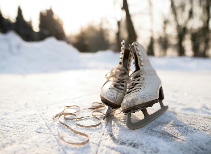 Ein Paar Eislaufschuhe steht im Schnee vor einer winterlichen Bergkulisse.