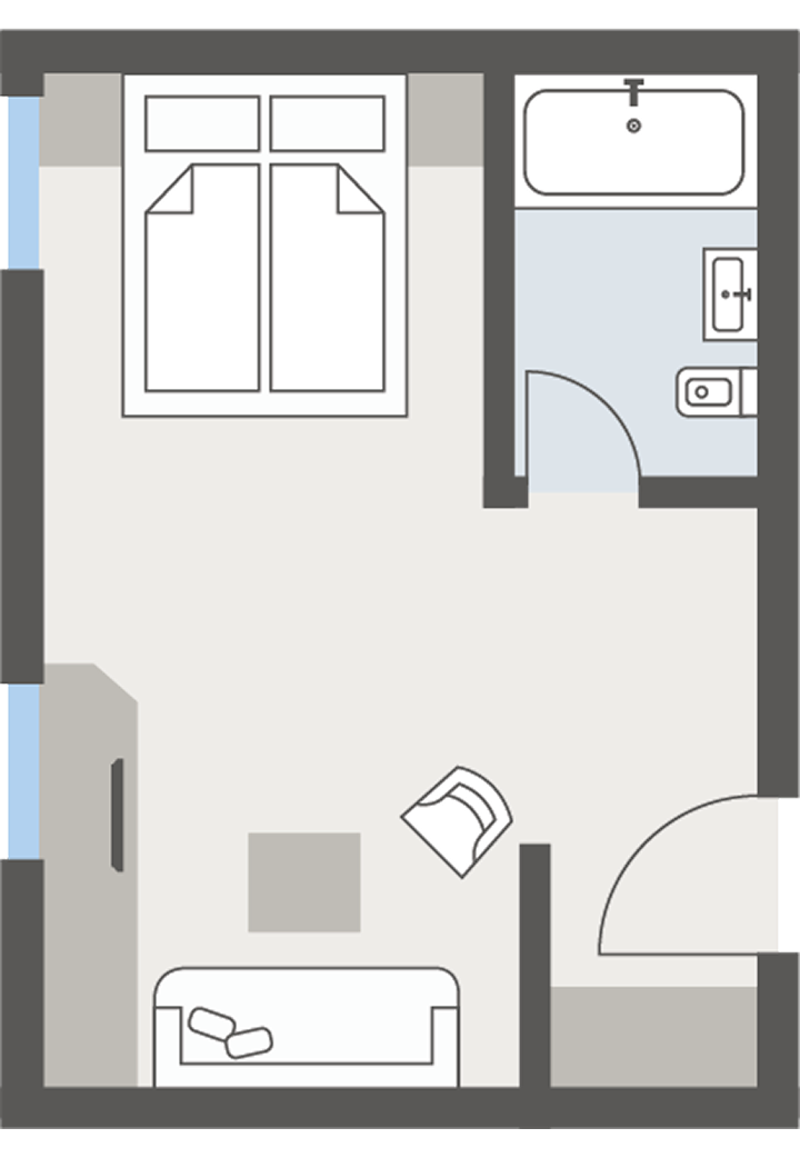 Doppelzimmer im Hotel Jenewein in Obergurgl Grundriss eines Doppelzimmers mit Bett, Bad und Eingang im Hotel Jenewein in Obergurgl.