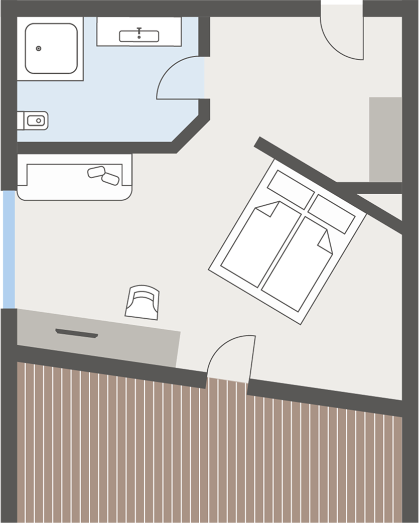 Komfortzimmer im Hotel Jenewein in Obergurgl Grundriss eines Komfortzimmers mit Doppelbett, Bad und Vorraum im Hotel Jenewein.