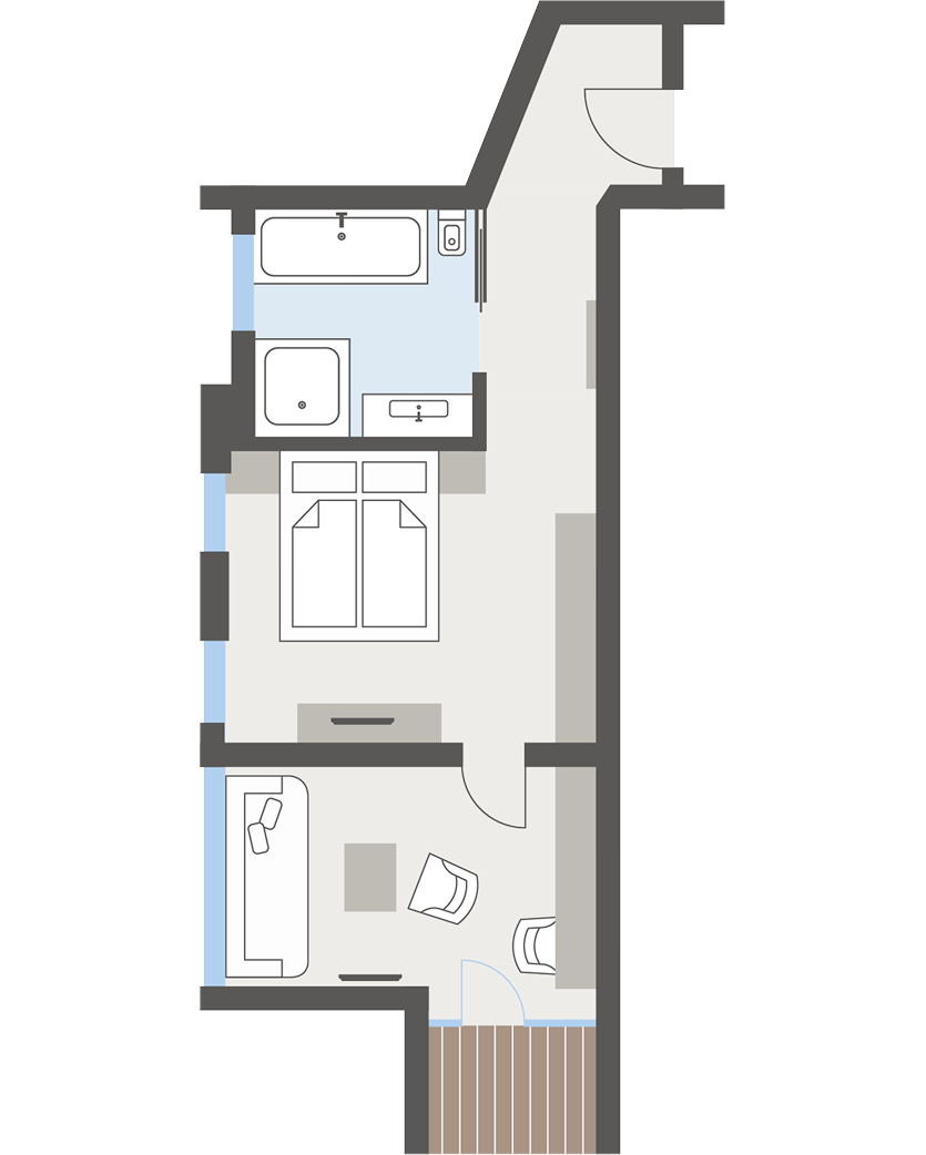 Grundriss Familienzimmer Süd im Hotel Jenewein Grundriss eines Familienzimmers mit Schlafzimmer, Bad und Sitzecke sowie Süd-Ausrichtung.
