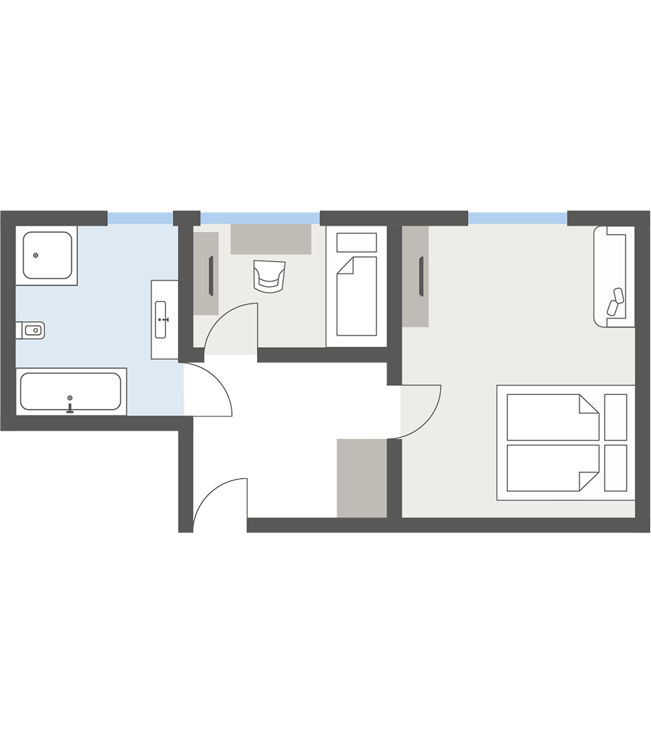 Grundriss des Studio E3 im Hotel Jenewein mit Bad, Schlafbereich und Wohnraum für bis zu drei Personen.