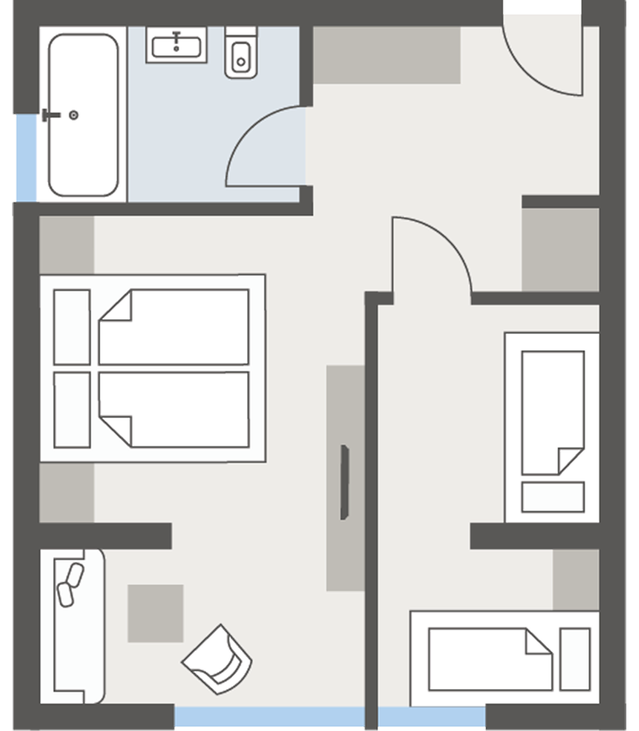 Grundriss des Studio E4 mit Schlafbereich, Bad und zwei weiteren Zimmern im Hotel Jenewein.