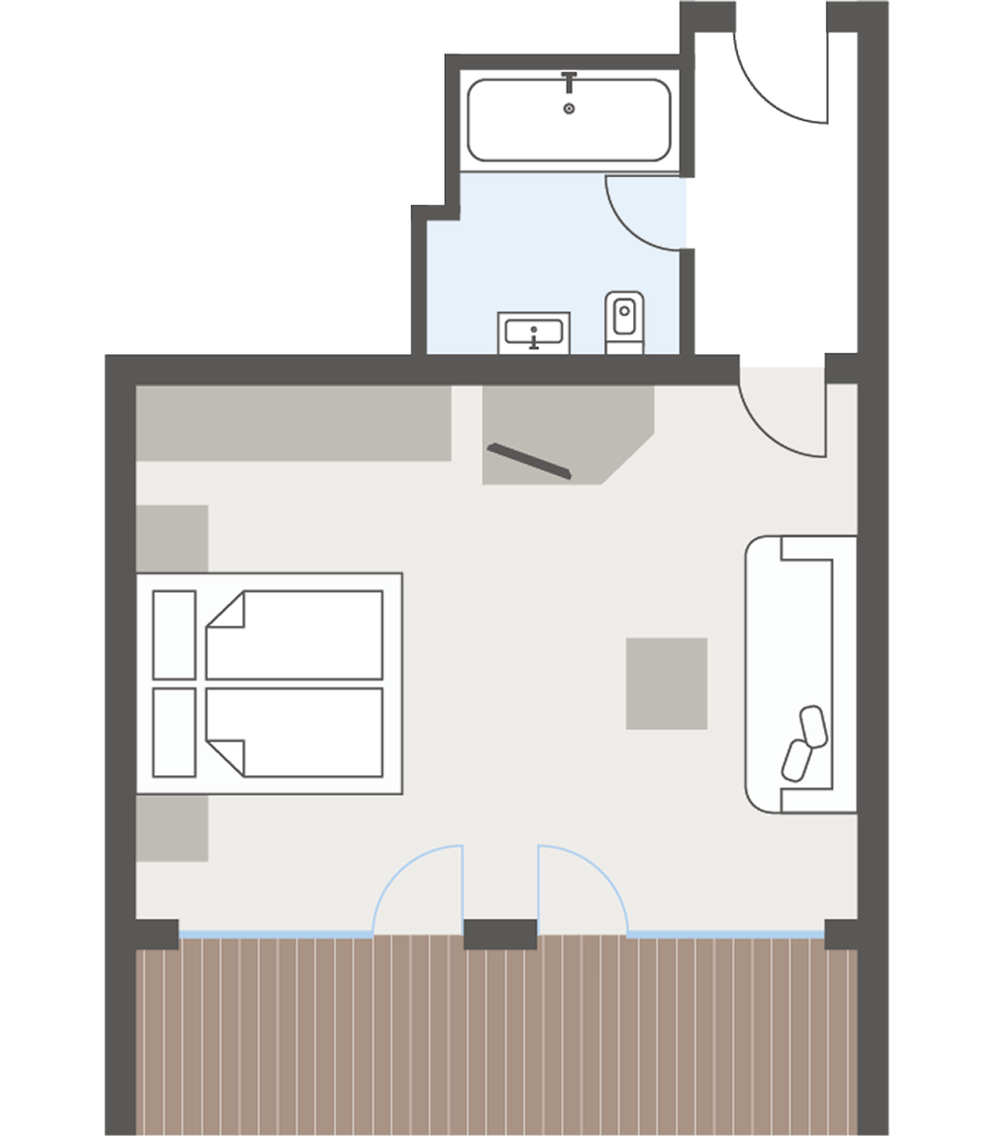 Romantikzimmer mit Balkon im Hotel Jenewein Grundriss eines Romantikzimmers mit Doppelbett, Bad und Balkonzugang.