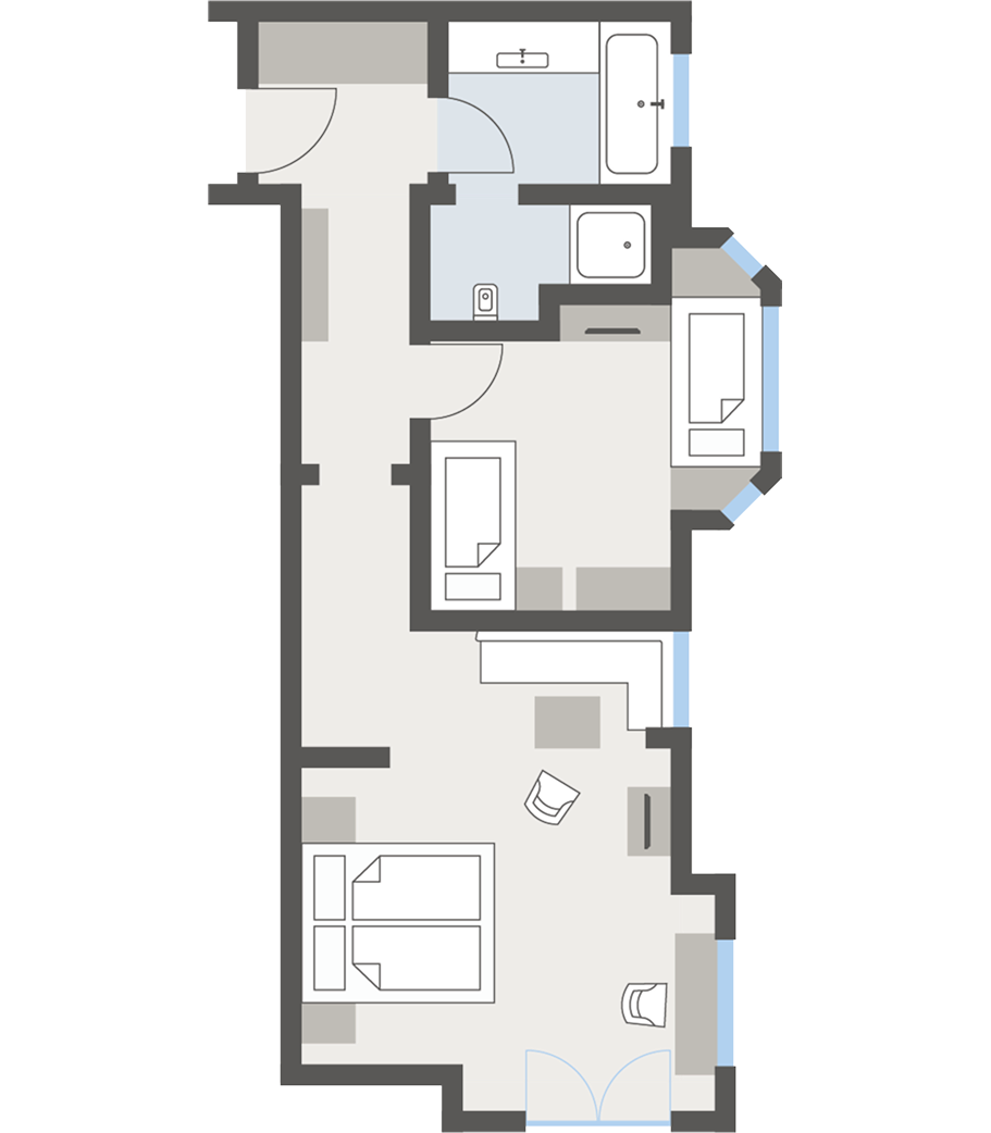 Turmsuite mit Kinderschlafzimmer in Obergurgl Grundriss der Turmsuite mit separatem Kinderschlafzimmer und französischem Balkon.