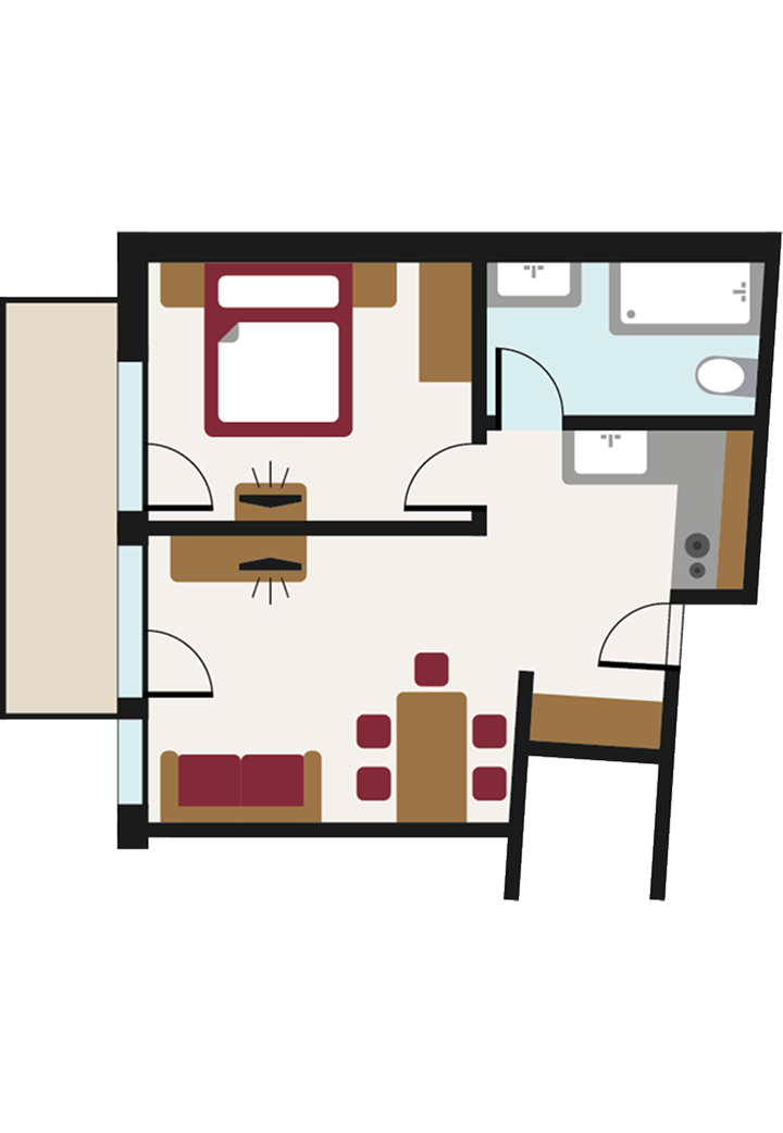 Appartement Top II im Landhaus Jenewein Grundriss von Appartement Top II im Landhaus Jenewein mit Schlafzimmer, Wohnbereich, Küche und Bad.