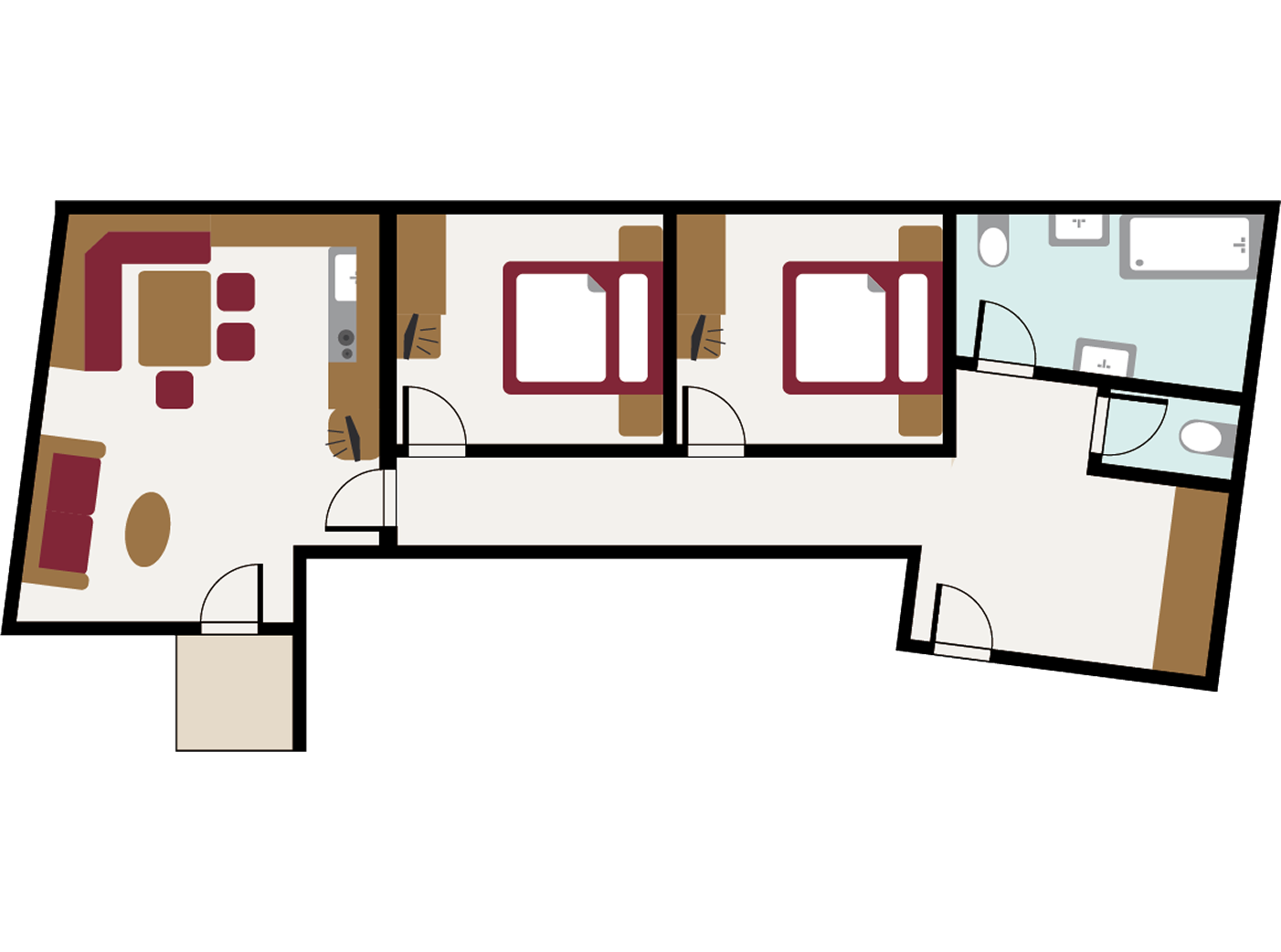 Familienappartement Top IV im Landhaus Jenewein Grundriss eines Familienappartements mit zwei Schlafzimmern, Wohnbereich und Bad im Landhaus Jenewein.